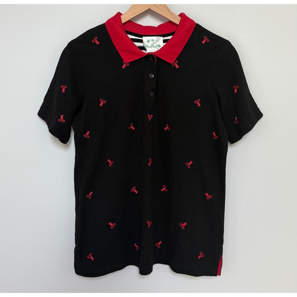 The Quacker Factory Women's Embroidered Lobster Polo Shirt Black Red Medium